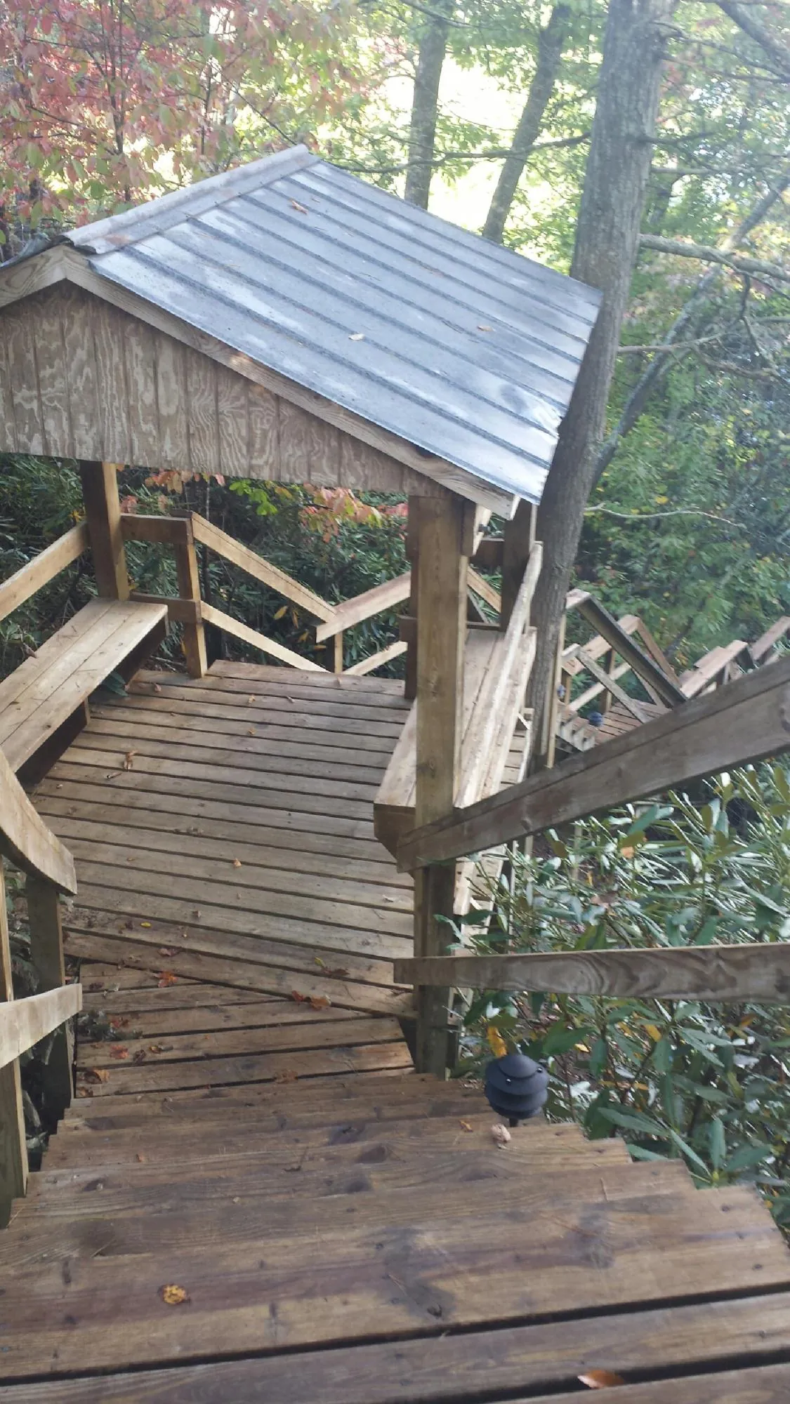 Metal roofed shelter over wooden steps on a wooded walkway — Skylight Repair & Installation work by our crew in Germanton